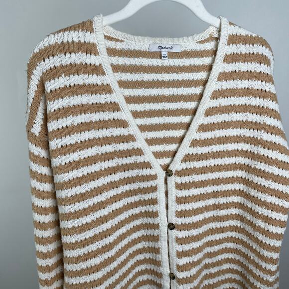 Madewell Open Knit Striped Cardigan Sweater White Tan Button Front Cotton XS - Picture 5 of 15